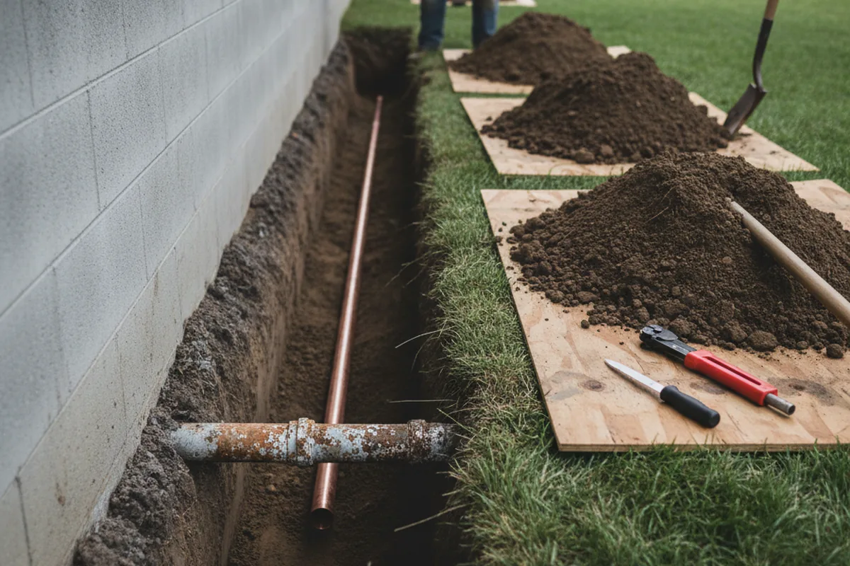 Excavated water line trench during Water Heater Repair in Geraldine